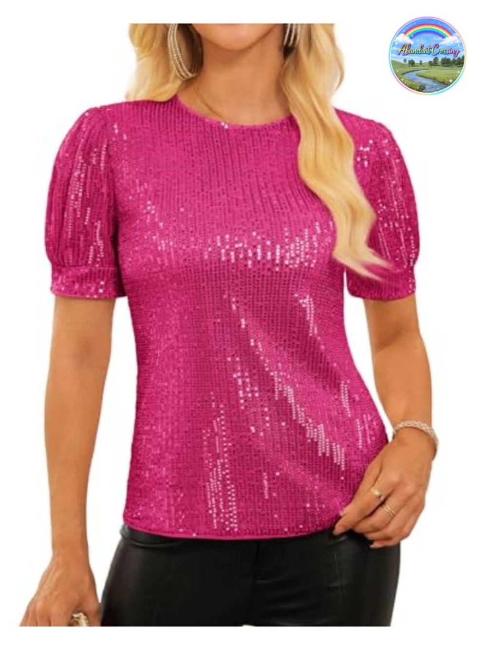 Womens Sequin Sparkle Blouse Lantern Sleeve Scoop Neck Party Top